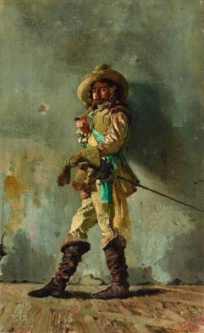 Standing Musketeer, Casually Smoking a Long Pipe, the Other, Gloved Hand Propped Up on the Sword